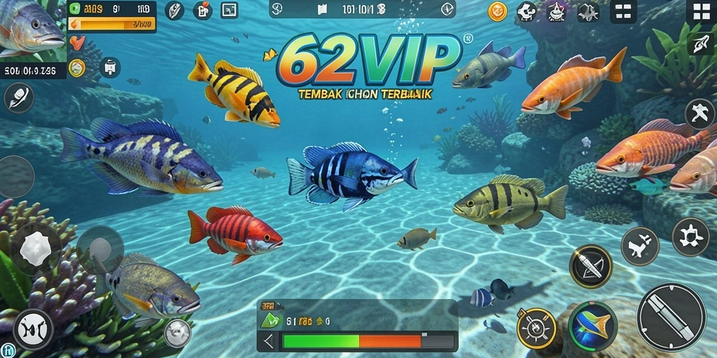 Tampilan gameplay Tembak Ikan 62VIP yang seru dan penuh warna.