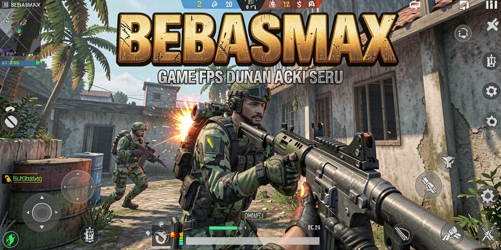 Screenshot gameplay BEBASMAX menampilkan pertempuran intens di dunia FPS.