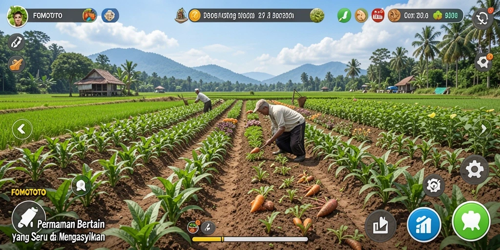 Tampilan gameplay FOMOTOTO dengan berbagai tanaman dan hewan.