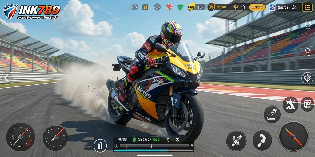 Tampilan gameplay seru dari INK789 dengan balapan motor yang cepat.