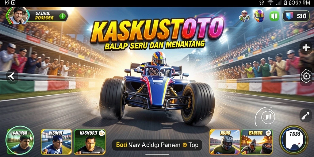 Screenshot KASKUSTOTO menampilkan aksi balapan mendebarkan di trek yang menantang.