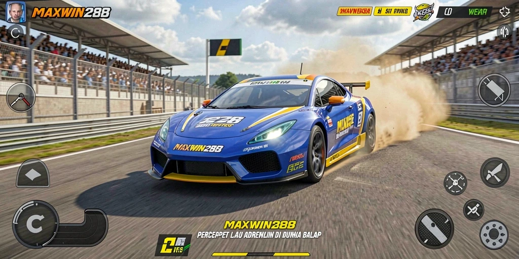 Screenshot gameplay <strong>MAXWIN288</strong> menunjukkan aksi balapan yang mendebarkan.