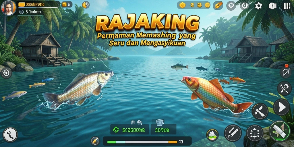 Screenshot gameplay RAJAKING yang menunjukkan aksi memancing seru.