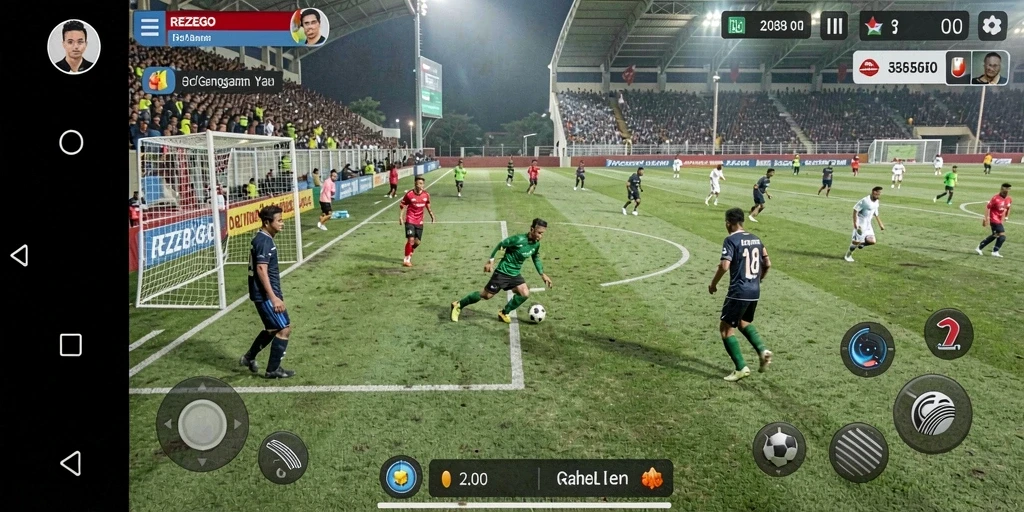 Tangkapan layar dari gameplay seru <strong>REZEGO</strong> menampilkan aksi sepak bola yang mendebarkan.