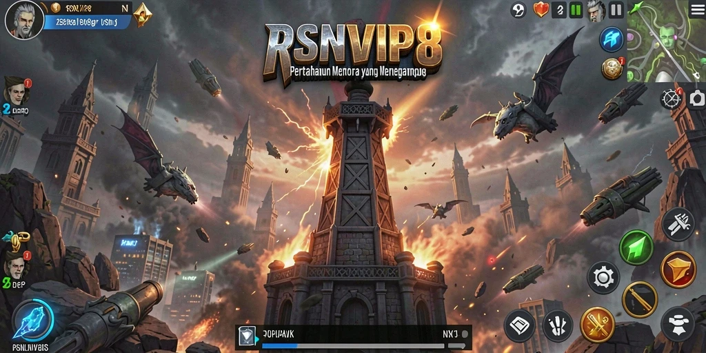 Tangkapan layar gameplay RSNVIP8 dengan aksi pertahanan menara.